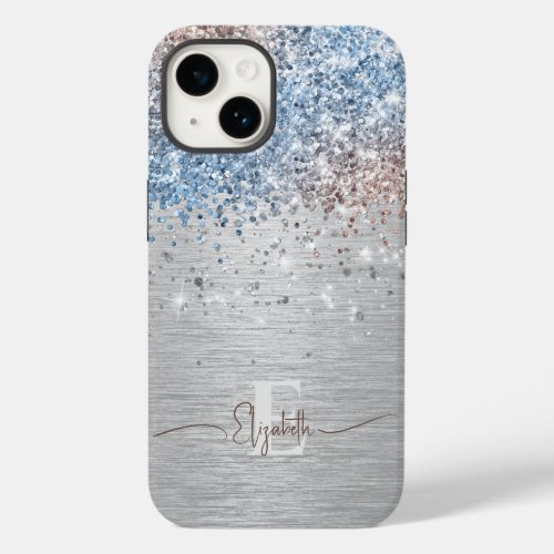 Modern Silver Brushed Metal Rose Gold Blue Glitter Case_Mate iPhone 14 Case