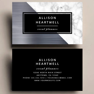Modern Silver Brushed Metal White Marble Black Business Card