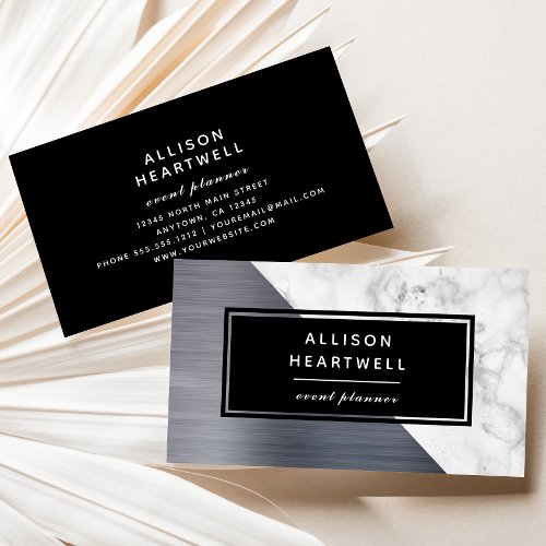 Modern Silver Brushed Metal White Marble Black Business Card