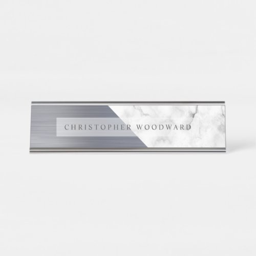 Modern Silver Brushed Metal White Marble Desk Name Plate