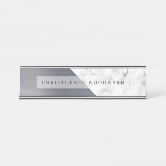 Modern Silver Brushed Metal White Marble Desk Name Plate (Front)