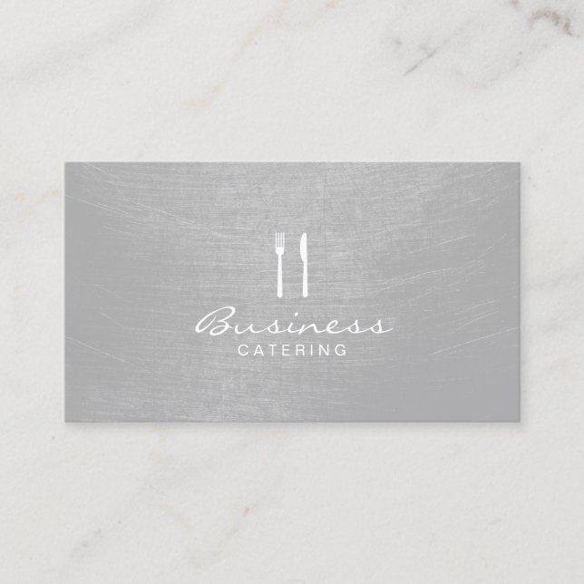 Modern Silver Brushed Texture Catering Business Card (Front)