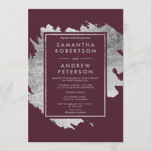 Modern silver brushstrokes red burgundy wedding invitation