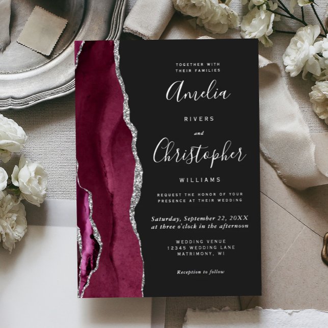 Modern Silver Burgundy Agate Dark Wedding Foil Invitation (Creator Uploaded)
