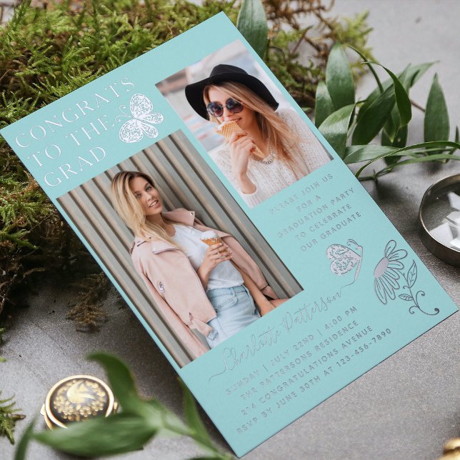 Modern Silver Butterfly Photo Graduation Party Foil Invitation (Creator Uploaded)