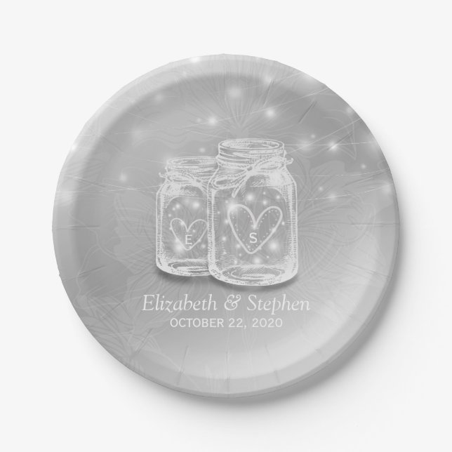 Modern Silver Chic Wedding Mason Jars String Light Paper Plates (Front)