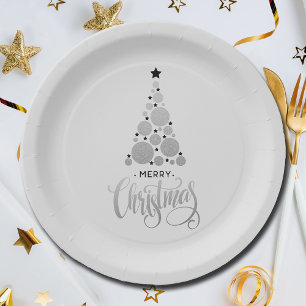 Modern Silver Christmas Tree Holiday Paper Plates