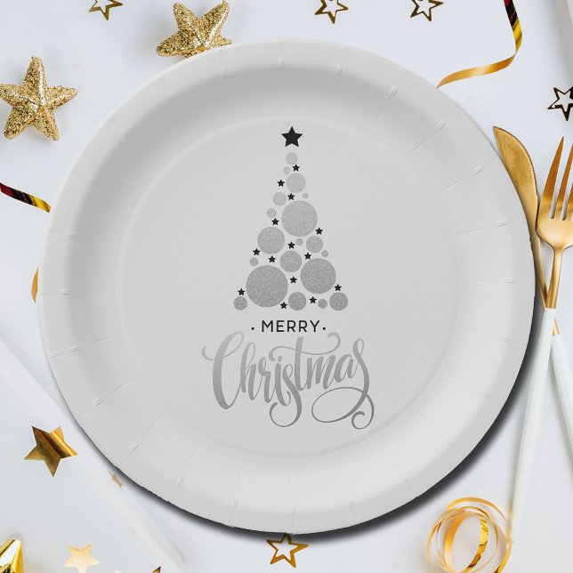 Modern Silver Christmas Tree Holiday Paper Plates (Modern Silver Christmas Tree Holiday Paper Plates)