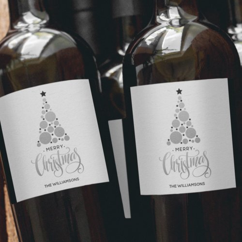 Modern Silver Christmas Tree Holiday Wine Label