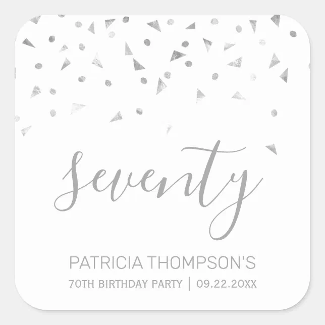 Modern Silver Confetti 70th Birthday Square Sticker Zazzle