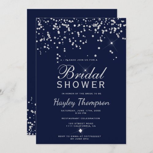 Modern silver confetti glitter navy bridal shower invitation