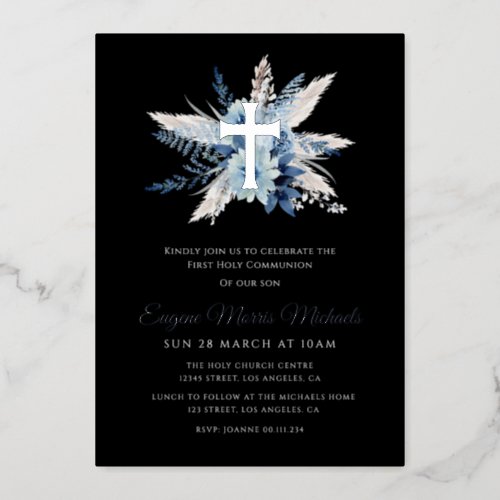 modern silver cross first communion foil invitation