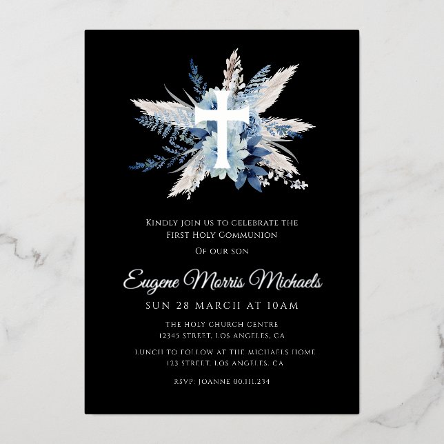 modern silver cross first communion foil invitation (Front)