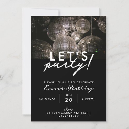 Modern silver disco ball birthday party invitation