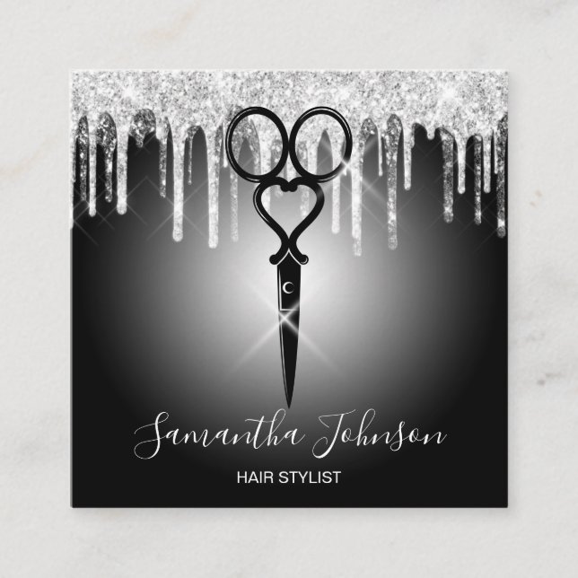 Modern Silver drip hairstylist hairdresser Square Business Card (Front)