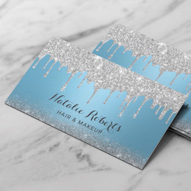 Modern Silver Drips Blue Makeup Artist Hair Salon Business Card (Creator Uploaded)