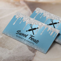 Modern Silver Drips Blue Pastry Chef Bakery Business Card