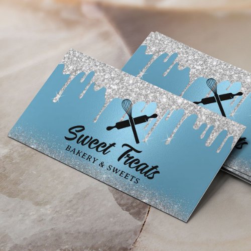 Modern Silver Drips Blue Pastry Chef Bakery Business Card