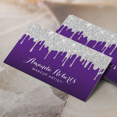 Modern Silver Drips Elegant Purple Salon Spa Business Card