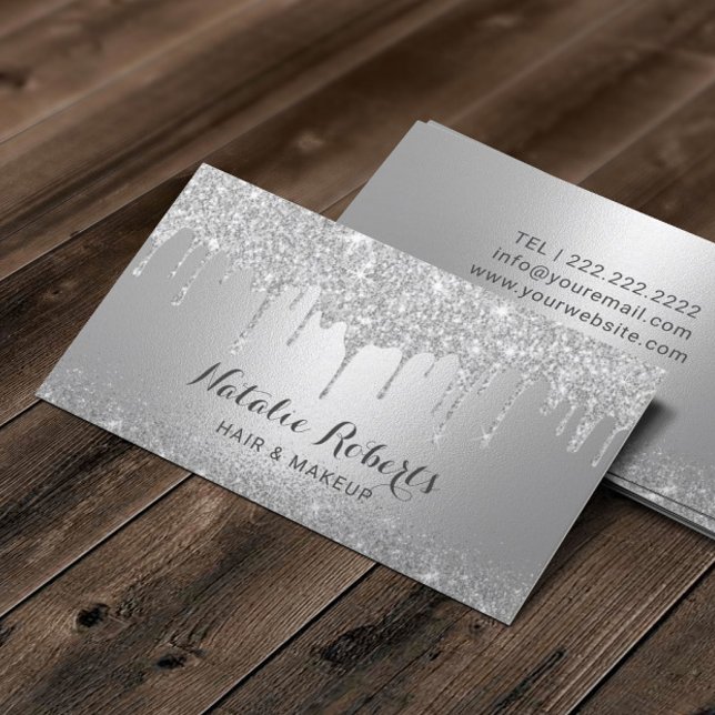Modern Silver Drips Makeup Artist Hair Salon Business Card (Creator Uploaded)