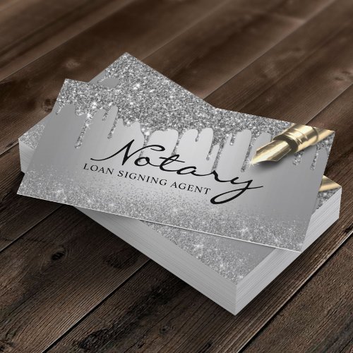 Modern Silver Drips Notary Loan Signing Agent Business Card