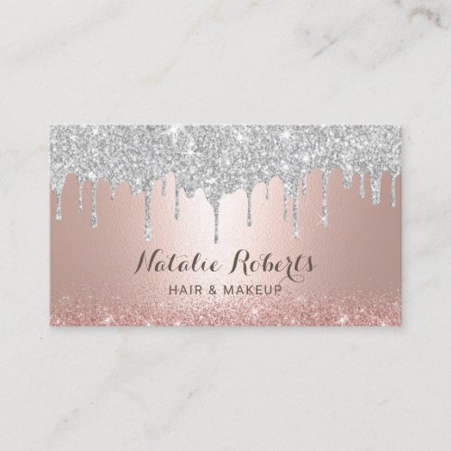 Modern Silver Drips Rose Gold Makeup Hair Salon Business Card