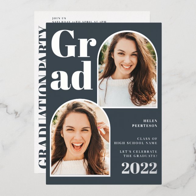 Modern silver dusty blue arch 3 photos graduation foil invitation (Front/Back)