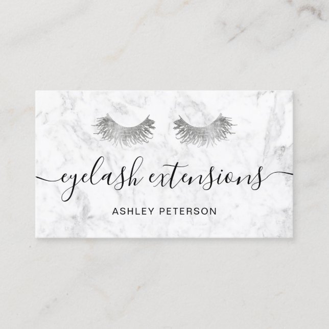 Modern silver eyelashes trendy white marble business card (Front)