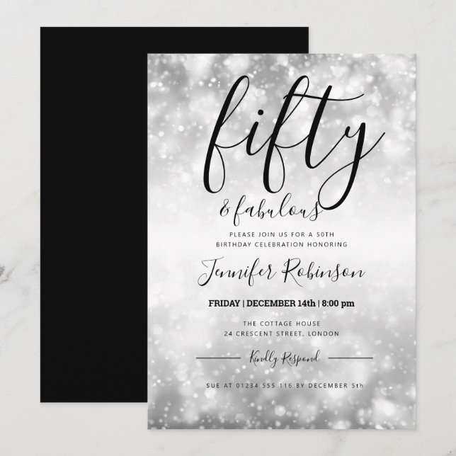 Modern Silver Fifty & Fabulous 50th Birthday Invitation (Front/Back)