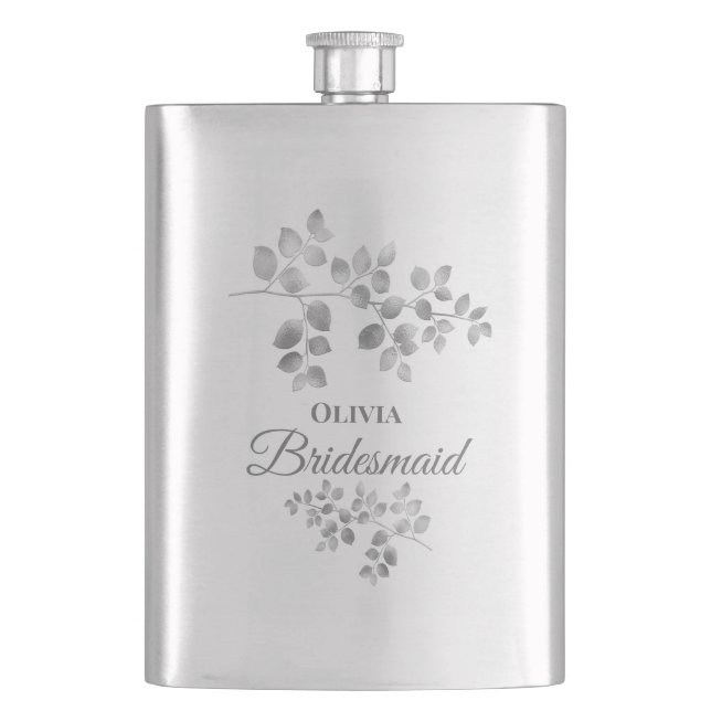Modern Silver Floral Bridesmaid Flask (Front)