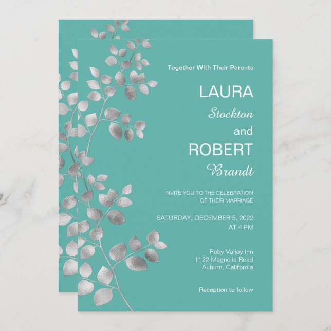Modern Silver Floral Wedding Invitation (Front/Back)