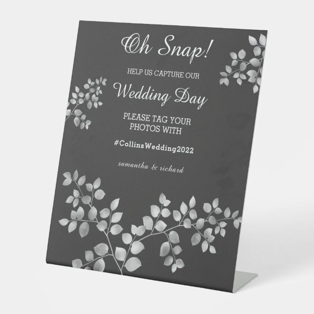 Modern Silver Floral Wedding Pedestal Sign (Front)