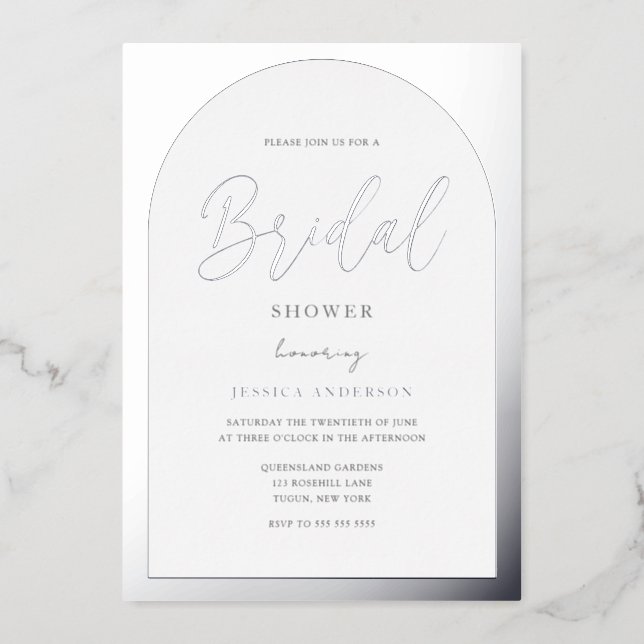 Modern Silver Foil Arch Script Bridal Shower Foil Invitation (Front)