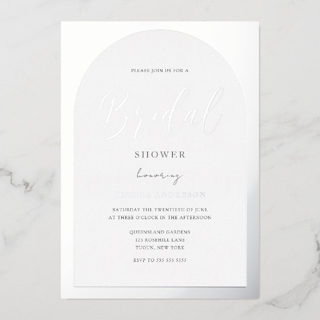 Modern Silver Foil Arch Script Bridal Shower Foil Invitation (Front)