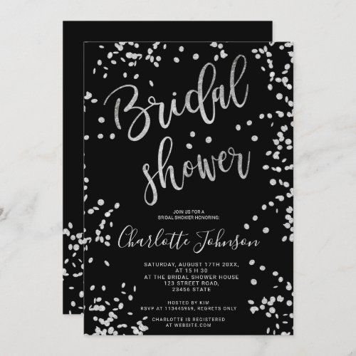 Modern silver foil confetti back bridal shower invitation