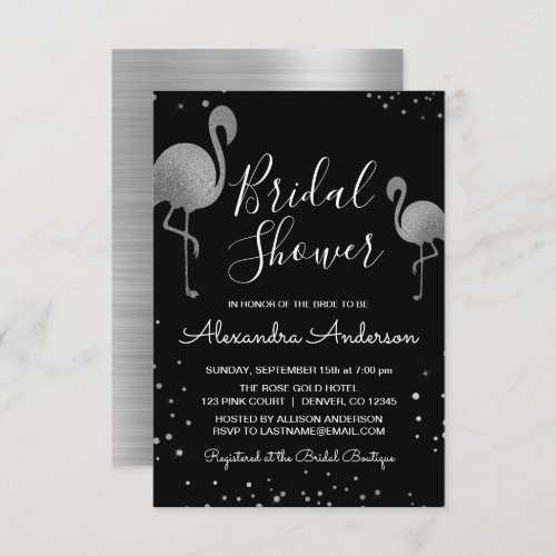 Modern Silver Foil Flamingo Bridal Shower Invitation