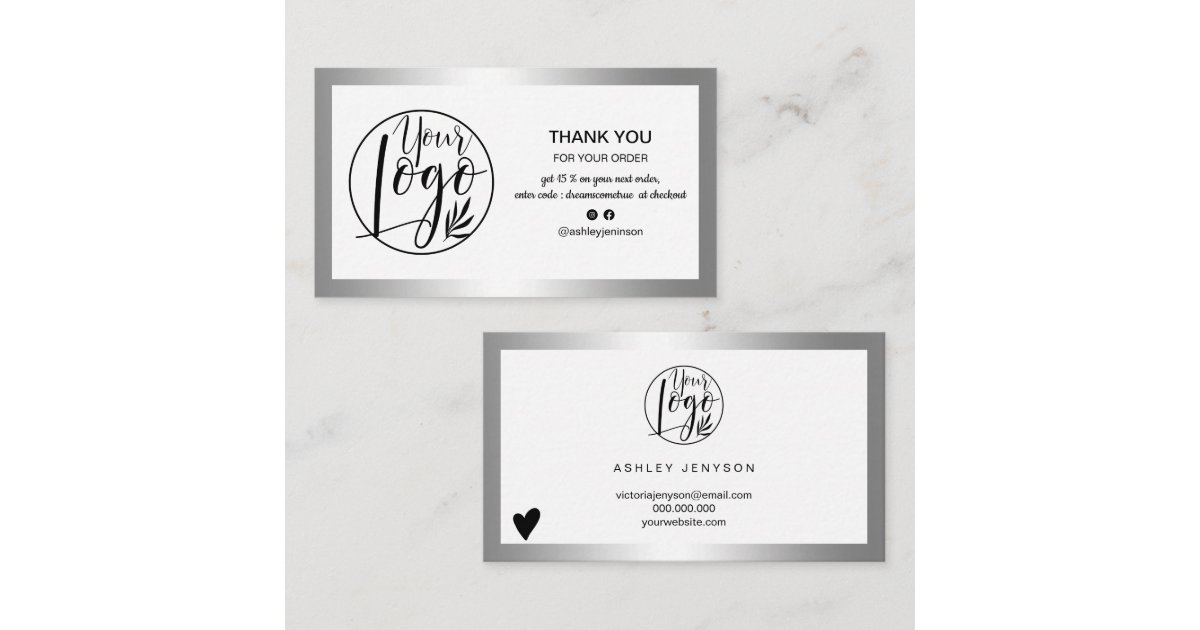 Modern silver foil logo order thank you business card | Zazzle