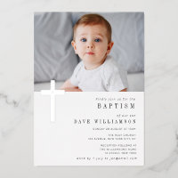 Modern silver foil photo baptism invitation
