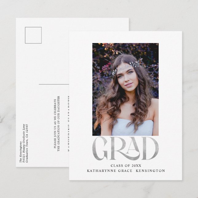 Modern Silver Foil Photo Graduation Party Announcement Postcard (Front/Back)