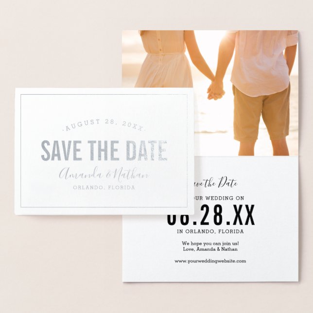 Modern Silver Foil Photo Save the Date Card (Display)