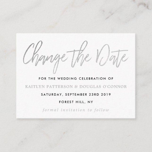 Modern Silver Foil Script Change The Date Enclosure Card (Front)