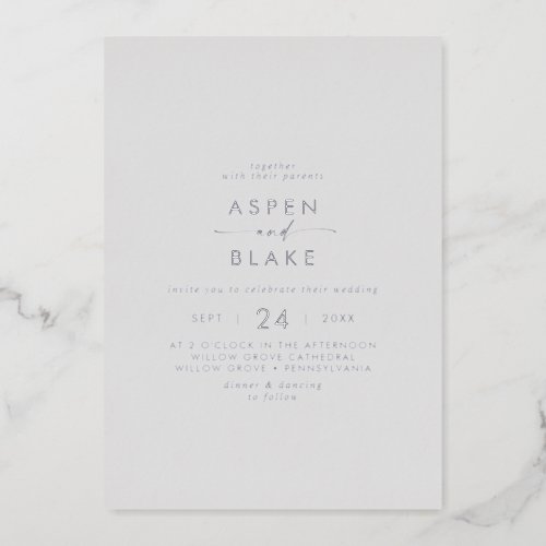 Modern Silver Foil Script  Gray Casual Wedding Foil Invitation