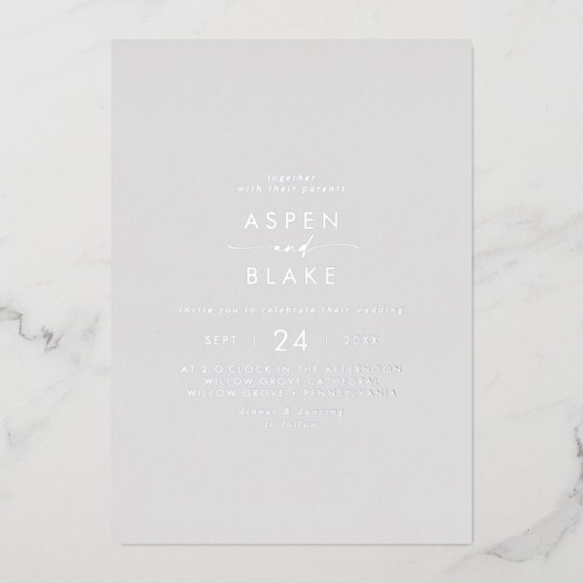 Modern Silver Foil Script | Gray Casual Wedding Foil Invitation (Front)