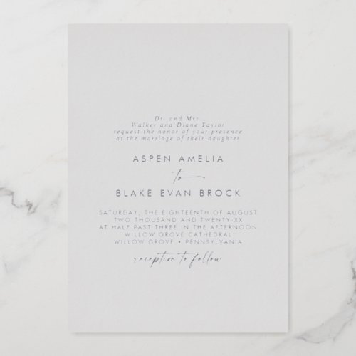Modern Silver Foil Script  Gray Formal Wedding Foil Invitation