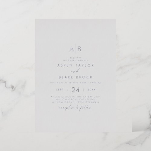 Modern Silver Foil Script  Gray Monogram Wedding Foil Invitation