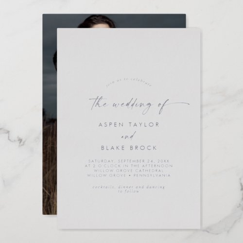 Modern Silver Foil Script  Gray Photo Wedding Foil Invitation