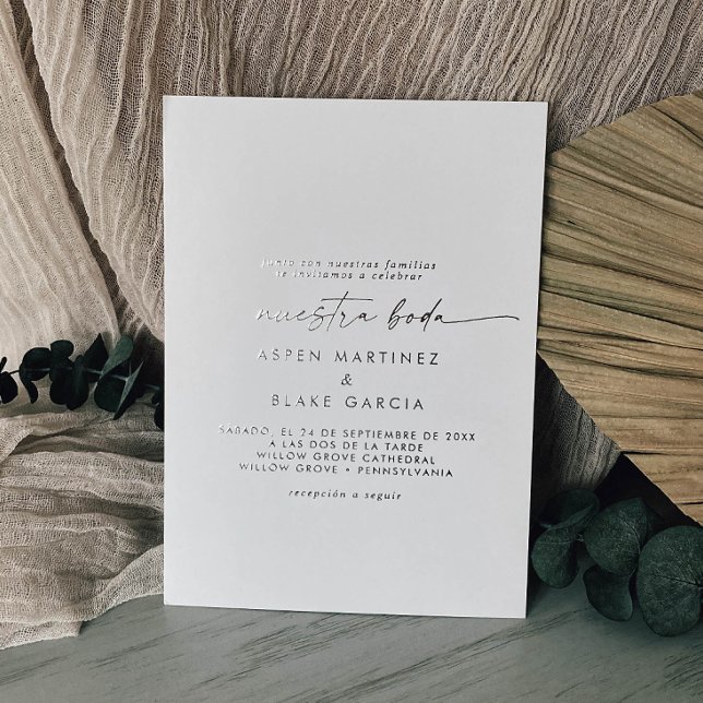 Modern Silver Foil Script | Gray Spanish Wedding Foil Invitation (Creator Uploaded)