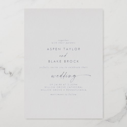 Modern Silver Foil Script  Gray Wedding Foil Invitation
