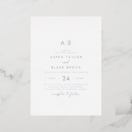 Modern Silver Foil Script Monogram Wedding Foil Invitation