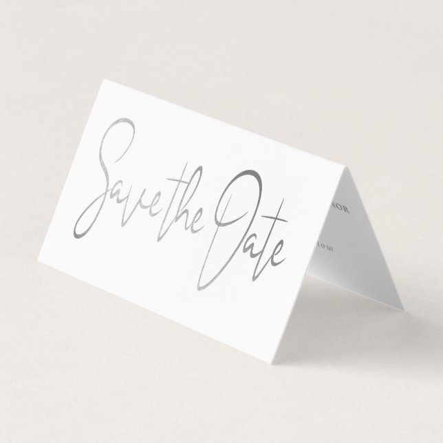 Modern Silver Foil Script Photo Save The Date Card (Front)
